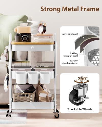 ALVOROG 3 Tier Metal Rolling Cart with Drawer,Wood Top,Pegboards,White - Image 6