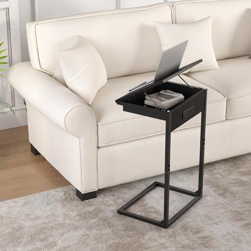 sthmec C Shaped End Table with Charging Station,45° Tiltable Adjustable Flip Top Side Table Set of 2,Small C Table Set 2 for Small Spaces,Slide Under Couch Sofa Bedside Table Living Room, Black - Image 2