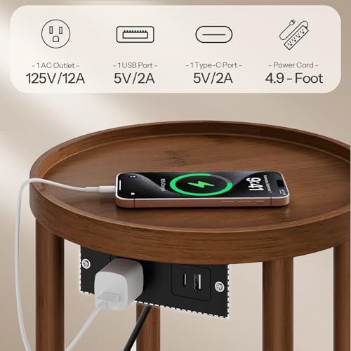 HOOBRO Small Round Side Table with Charging Station, 2-Tier Round Bamboo End Table, Compact Sofa Bedside Table for Small Space, Easy Assembly, for Living Room, Bedroom, Apartment, Mocha MA156UBZ01 - Image 4