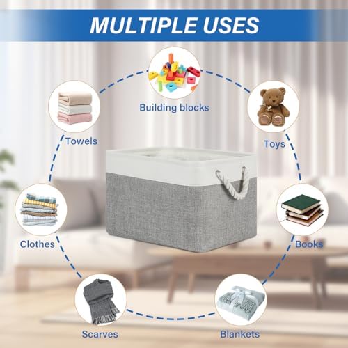 Temary Storage Baskets 4Pack Fabric Storage Bins Clothes Baskets with Rope Handle, Decorative Basket for Gift, Blankets (White&Gray,15x11x9.5 inch) - Image 3