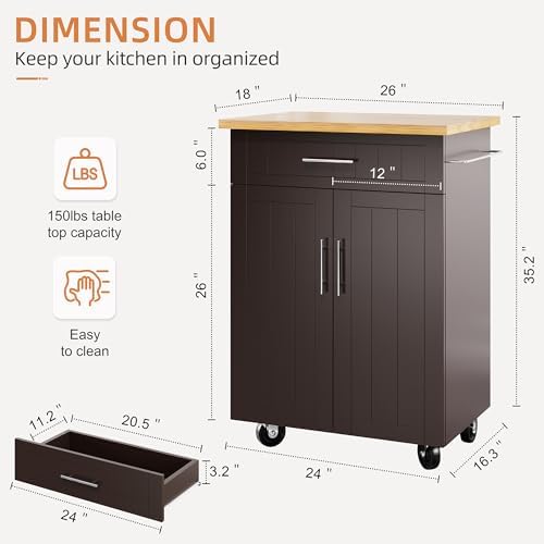 Shintenchi Kitchen Island cart with Storage, Portable Bar Cabinet on Wheels, Rolling Microwave Cart Side Table with Workstation for Kitchen, Dinning Room, Brown - Image 3