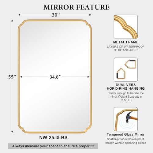 Ferytange 55X36 Inch Gold Metal Framed Bathroom Mirror for Wall, Large Rounded Rectangle Bathroom Vanity Mirror Farmhouse, Anti-Rust, Tempered Glass, Hangs Horizontally or Vertically - Image 4