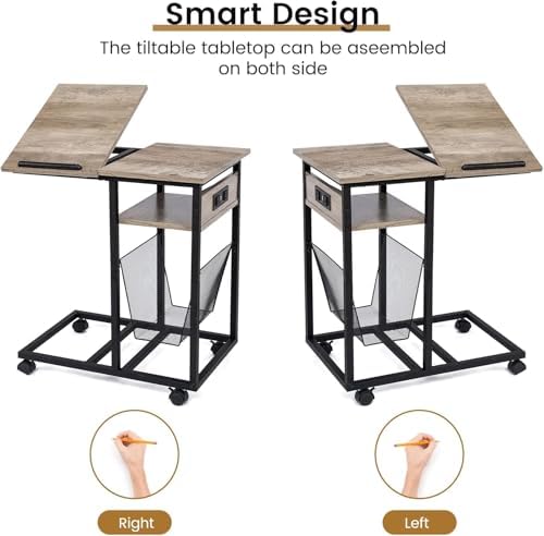 FLYJOE End Table C Shape with Charge Station, Tilting Top Side Table with Magazine Holder and Lockable Wheels, Easy Assembly for Living Room, Bedroom, Industrial Style, Grey - Image 7