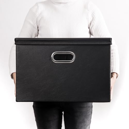 PRANDOM Large Stackable Storage Boxes with Lids [5-Pack] Leather Fabric Foldable Storage Bins Organizer Containers Baskets Cubes with Cover for Bedroom Closet Office Nursery Black(17.7x11.8x11.8) - Image 7