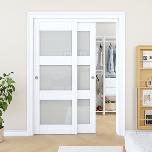 Sliding Closet Door 60"x80", 3 Lite Frosted Glass Door, Need to Assemble by AINLARRY