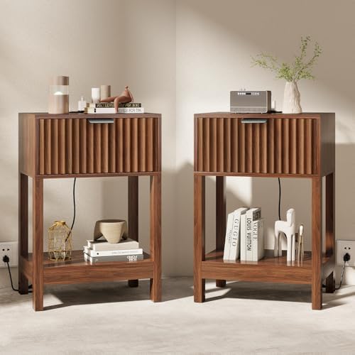 Nasonet Night Stand Set 2, Fluted Nightstand with Charging Station, Wood Bedside Table with Drawer & Storage Shelf, Modern End Tables for Bedroom Sofa Couch Office, Walnut by Nasonet
