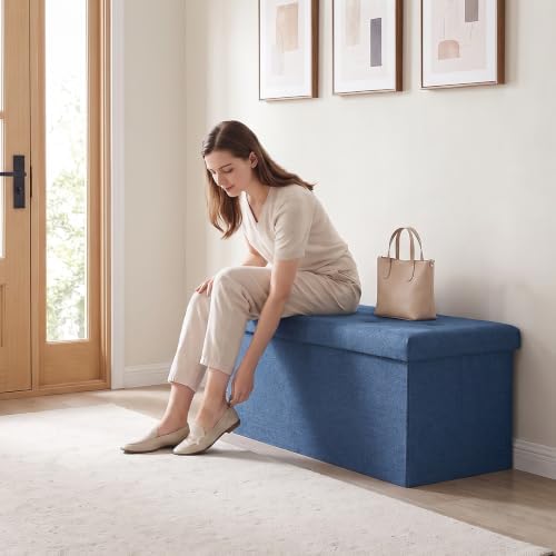 OLIXIS 30 Inch Folding Storage Ottoman Bench, Blue Ottoman with Storage - Image 2