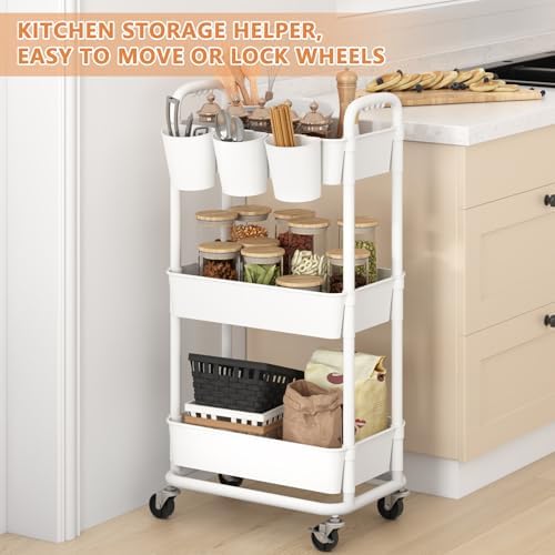 JIUYOTREE 3-Tier Plastic Rolling Storage Cart Utility Cart with Extra Hanging Cups Handles Lockable Wheels for Living Room Bathroom Kitchen Office White - Image 2