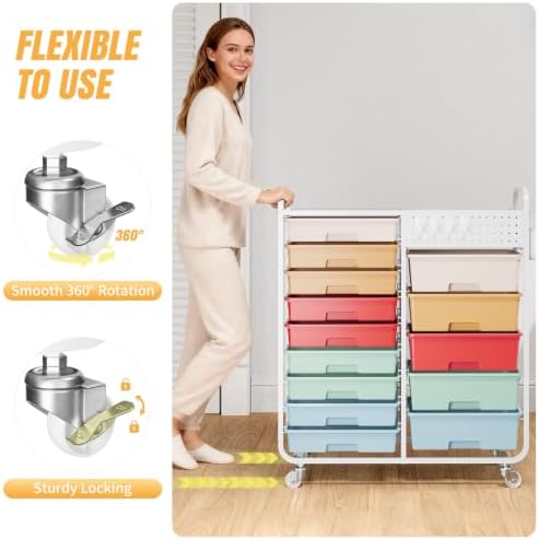 14 Drawer Rolling Storage Cart with Tabletop and Pegboard for Craft Color - Image 5