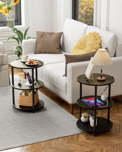 XBurmo Small Round End Table - 3 Tier Design Accent Table, Narrow Side or Bedside Stand, Industrial Vintage Table for Small Spaces, Built-in USB Ports and Power Outlet, Charcoal Wenge - Image 6