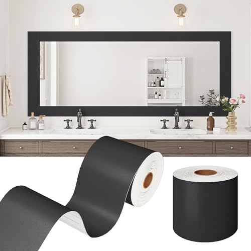 WESTICK Pure Black Tape for Mirror Frame Waterproof Bathroom Black Wallpaper Border Self Adhesive Removable Dark Bulletin Board Borders for Classroom Office Kitchen Wall Decor 10CM x 10M by WESTICK