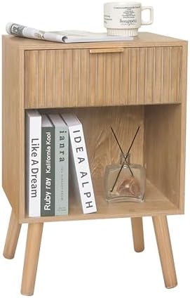 Fultyle Fluted Night Stand, Modern Bedside Table with Drawer and Open Shelf by Fultyle