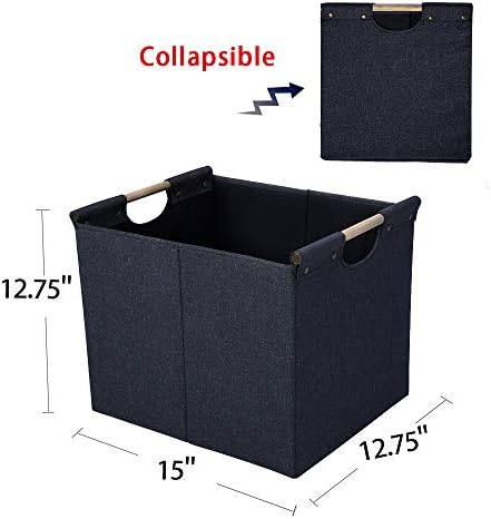 HOONEX Large Collapsible Storage Bins, Linen Fabric, 2 Pack, Storage Baskets with Wooden Carry Handles and Sturdy Heavy Cardboard, for Home, Office, Car, Nursery, Dark Grey - Image 4