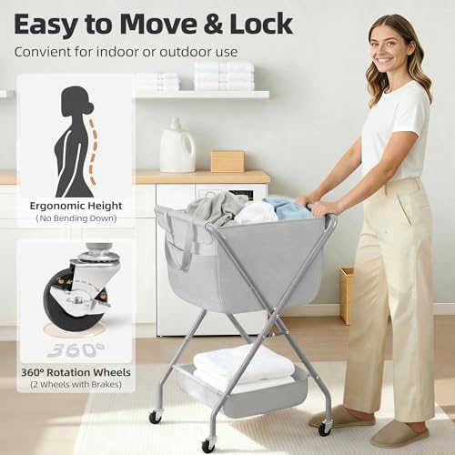 STORAGE MANIAC Collapsible Laundry Cart with Wheels 35.6"H Removable Canvas Bag Rolling Laundry Hamper Clothes Basket with Wheels, Sturdy Steel Frame Folding for Small Narrow Space Easy Storage, Grey - Image 5