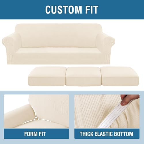 H.VERSAILTEX 4 Piece Stretch Sofa Covers for 3 Cushion Couch for Living Room Furniture Slipcovers (Base Cover Plus 3 Seat Cushion Covers) Thicker Jacquard Fabric (Large Sofa, Cream) - Image 4