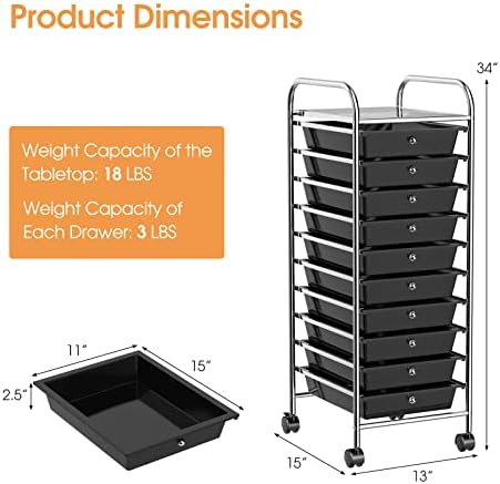 MEDIMALL 10 Drawers Rolling Storage Cart, Multipurpose Craft Storage Cart with Wheels, Mobile Tools Scrapbook Paper Organizer Cart for Office School Home Use (Black) - Image 3