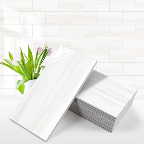 Vamos Tile 100-Piece Glossy Dolomite White Peel and Stick Backsplash Tile,3''x6'' PVC Subway Tile with White Grout, Stick on Backsplash for Kitchen/Bathroom/Fireplace by VamosTile