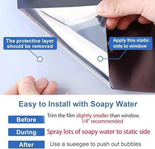 One Way Window Privacy Film See Out Not in, Window Tint for Home, Reflective Mirror Glass Windows Coverings Sun Heat UV Blocking, Black-Silver, 29.5 Inch x 157.4" - Image 4