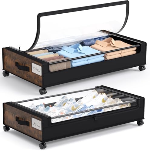Yecaye Under Bed Storage with Wheels, 2Pack Under Bed Storage Containers, Underbed Shoe Storage Organizer, Rolling Under Bed Metal Drawers for Clothes, Blankets, Brown by Yecaye