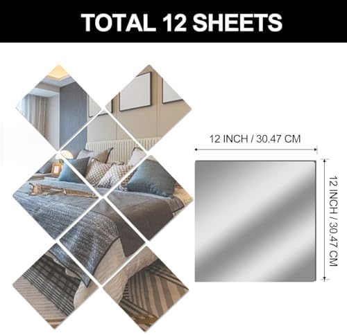 12" x 12" Acrylic Flexible Mirror Sheets, 12 Pack Self-Adhesive Mirror Tiles, Square Cuttable Wall Stickers, Non-Glass, Safety Reflective for DIY Craft Home Wall Decor - Image 2