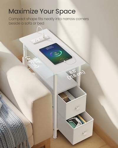 SONGMICS Side Table with LED Light, Narrow End Table with 2 Fabric Drawers - Image 4