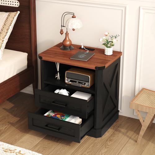 Yusong 23.62" Tall Farmhouse Nightstand, Rustic Wooden Night Stand with Charging Station, Beside Table with Drawers and Open Storage, End Tables for Bedroom, Black - Image 6
