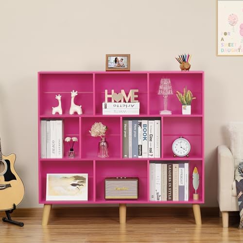 LEYAOYAO 10 Cube Bookshelf, Mid-Century Modern Book Shelf with Legs, Pink - Image 4