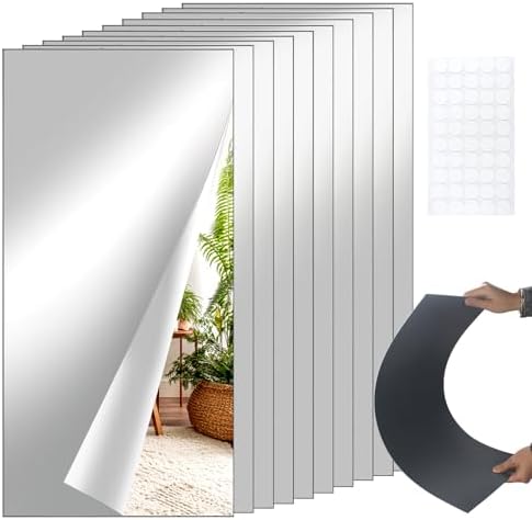 10 Pcs 12" x 24" Acrylic Self Adhesive Mirror Tiles for Wall 2mm Thick Flexible Stick Mirror Sheets Mirror for Home Gym Bedroom Ceiling Workout by Unknown