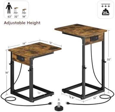 Vagusicc C Shaped End Table with Charging Station, 33"Tall Side Table for Couch, C-Table End Table Adjustable Height Side Table,Slide Under Couch Table TV Tray Table for Sofa,Living Room,Bedroom,Brown - Image 3