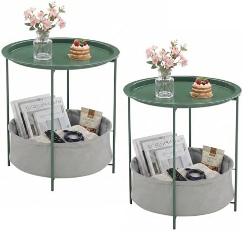 VECELO Round Side/End Table with Fabric Storage Basket，Metal Anti-Rust and Waterproof Small Bedside Nightstand with Removable Tray Top for Living Room，Balcony & Laundry，Dark Green /2pcs with Basket by VECELO