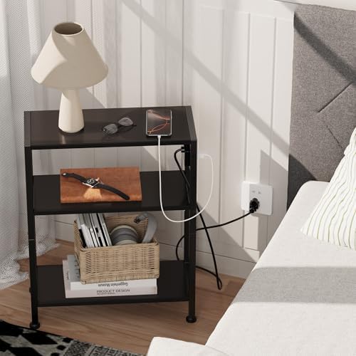 End Table with Charging Station, 3-Tier Side Table for Small Space, Skinny Nightstand with USB/Type C Port and 2 Outlets, Slim Sofa Beside Table for Living Room, Bedroom and Balcony, Black - Image 2