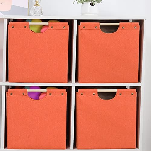 HOONEX Large Collapsible Storage Bins, Linen Fabric, Pack of 2, Storage Baskets with Wooden Carry Handles and Sturdy Heavy Cardboard, for Home, Office, Car, Nursery, Orange - Image 4