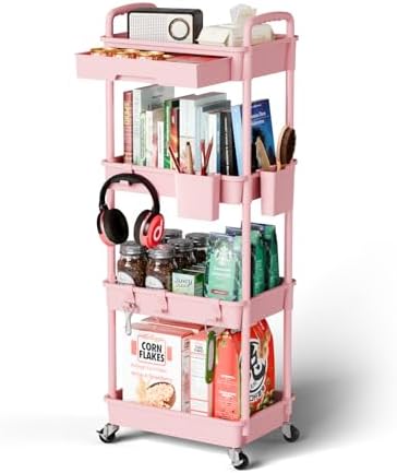 Sorgion 4 Tier Rolling Cart Organizer,Art Craft Diaper Bedside Snack Laundry Room Bathroom Organizer Narrow Thin Slim Rolling Trolley Utility Cart with Wheels for Kitchen,Office(Pink) by Sorgion