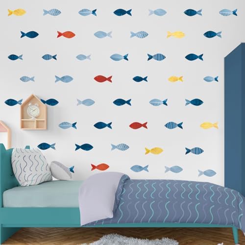 80 Pcs Creative Ocean Fish Wall Decals, Peel and Stick Blue Fish Wall Stickers, Vibrant Sea Life Watercolor Fishing Wall Decor for Kids Room Nursery Bedroom Playroom Classroom by Kasubeso