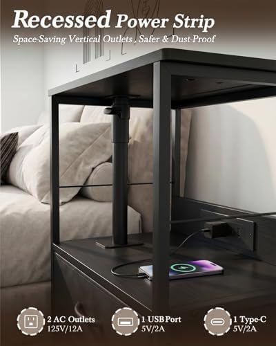 Faesun Swivel Lift Top Nightstand with Charging Station, Rolling Side Table for Recliner, Bedside Table with Wheels & 2 Fabric Drawers, for Small Spaces, for Bedroom, Living Room, Black - Image 4