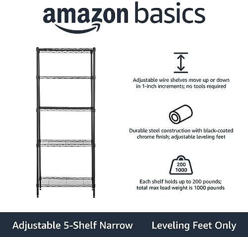Amazon Basics 5-Shelf Multipurpose Adjustable Steel Garage Shelving Unit, Storage Rack for Kitchen, 200 lbs Per Shelf, Easy Assembly, 13.4"D x 23.2"W x 60"H, Black - Image 4