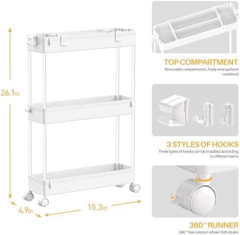 SPACELEAD Slim Storage Cart 3 Tier,Bathroom Organizer Rolling Utility, Mobile Shelving Unit Slide Out for Office, Kitchen, Laundry Room & Narrow Places,White - Image 4