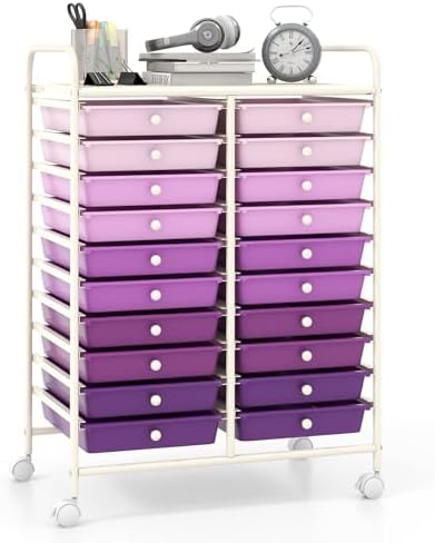 Giantex 20 Drawers Rolling Cart, Mobile Storage Drawer Cart, Classroom Organizer Cart for Office School Supplies Tools Scrapbook Paper Craft Small Printer, Utility Cart on Wheels, Gradient Purple by Giantex
