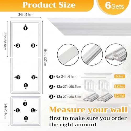 Colingmill 6 Sets Pre-Cut Wall Peel and Stick Trim Molding Wall Wainscoting Panels 3D Self Adhesive Baseboard Molding Trim for Interior Decoration Living Room Bedroom Accent (54 x 24 x 0.98 in,White) - Image 2