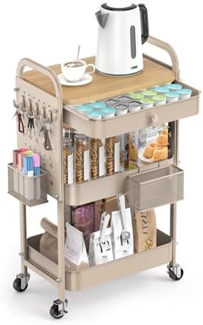 ALVOROG 3 Tier Metal Rolling Cart with Drawer,Wood Top,Pegboards,Khaki by ALVOROG