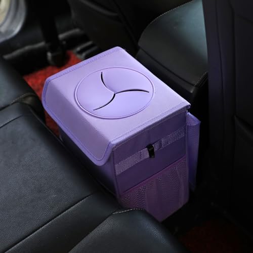 AOKJOY Car Garbage can with lid Leak Proof Vehicle Trash Can 3 Storage Pockets Hanging Waterproof car Trash Bag for SUV Purple - Image 6