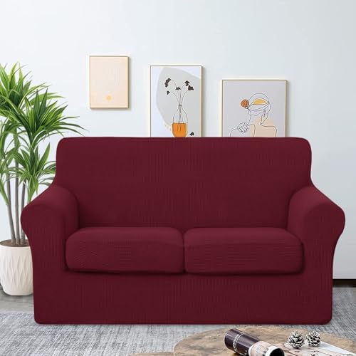 U-NICE HOME 3 Pieces Stretch Loveseat Couch Cover, Burgundy - Image 2