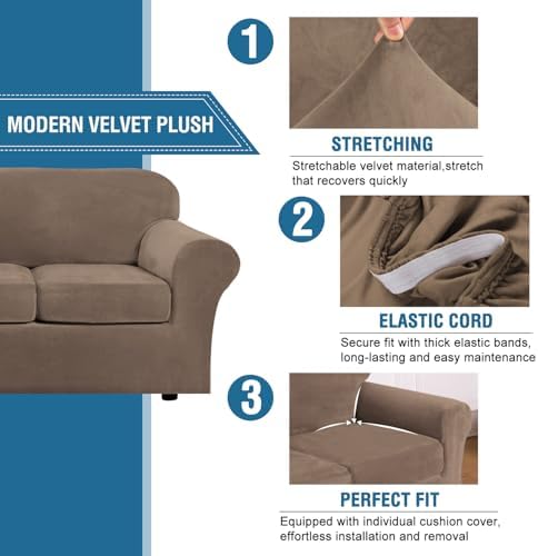 H.VERSAILTEX High Stretch Sofa Slipcover 4 Piece Cover Velvet Furniture Protector Form Fit Thick Velvet Extra Large Sofa Cover for 3 Cushion Couch Width Up to 97 Inch (Large Sofa, Mocha) - Image 3