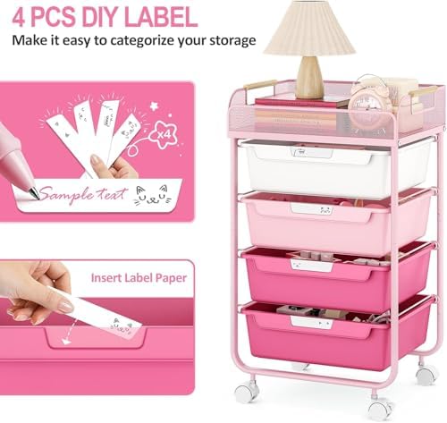 SYKIARIOL 4-Drawer Rolling Storage Cart with Mesh Top, Rose Pink - Image 5