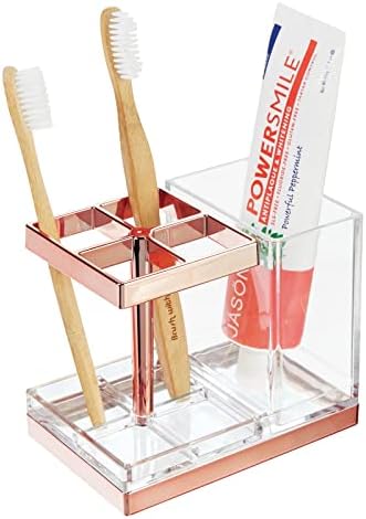 mDesign Plastic Toothbrush and Toothpaste Storage Organizer Holder - Home Decor for Bathroom Countertop - Holds Toiletries and Beauty Accessories - Lumiere Collection - Clear/Rose Gold by mDesign