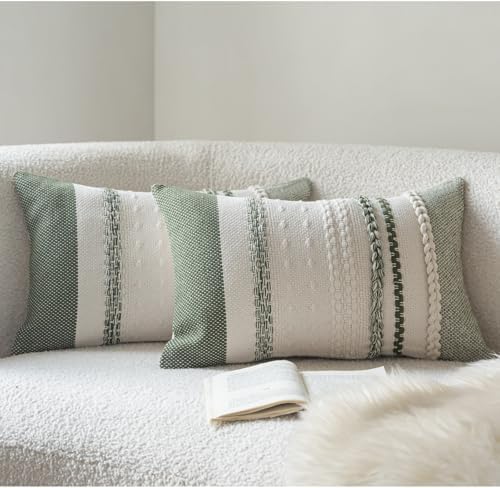 Cethom Boho Throw Pillow Covers 12x20 Inch Set of 2, Green Textured Decorative Couch Pillow Cases for Farmhouse Home Decor, Accent Cushion Cover for Sofa, Bed, Living Room, Bedroom by Cethom