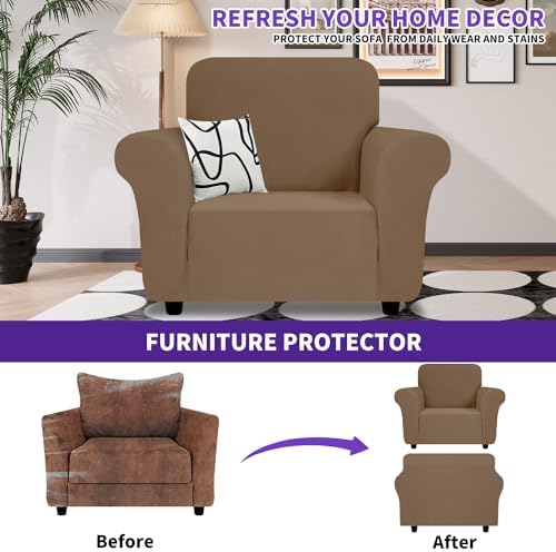 ZNSAYOTX Chair Cover with Arms (30"-47"), New Striped Sofa Chair Covers for Living Room, Dogs Pet Friendly Anti-Slip Chair Protector Spandex Armchair Slipcovers (Light Coffee, Chair) - Image 2