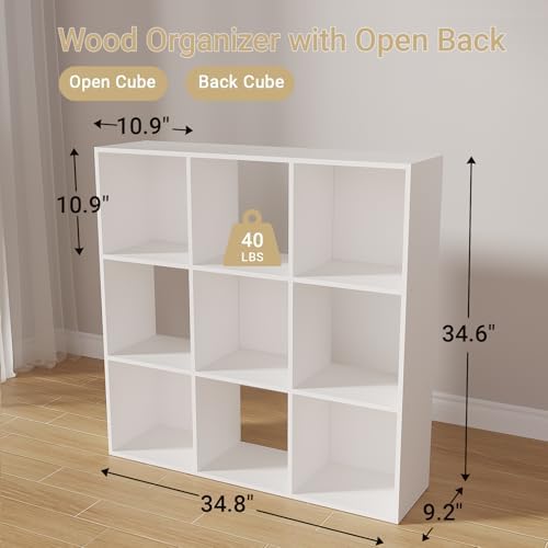 9-Cube Bookshelf, Tall Open Back Storage Shelves, Heavy Duty Wood Cubby Organizer for Small Spaces, Dorm Room Apartment Office, Unit for Book Toy Record Player Display (White, 9-Cube) - Image 3