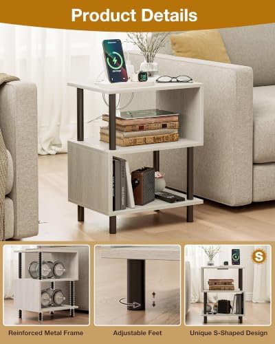 Frylr Small Side Table, End Table and Nightstand with 3-Tier Wood Shelves, Sturdy Metal Frame with 44 LBS Capacity per Shelf, Easy to Assemble for Living Room or Bedroom,Natural Greige - Image 4