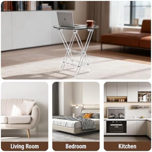 Acrylic Round Folding Side Table, Clear, Space Saving, Foldable X-Base Design for Living Room - Image 5